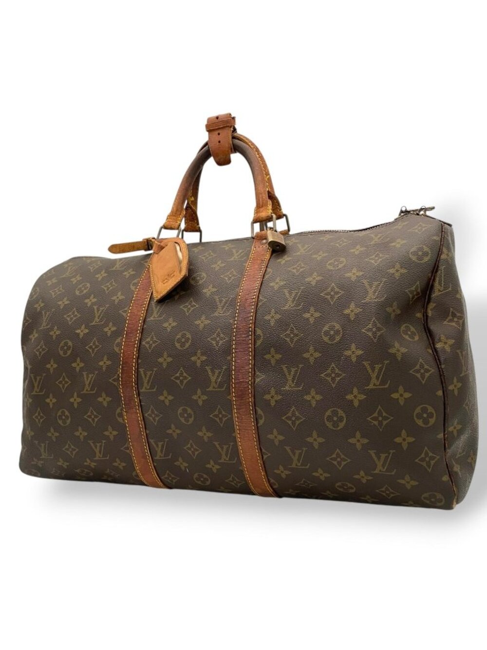 Louis Vuitton Keepall 50 Boston Bag Monogram Leather Brown Gold Travel Vintage